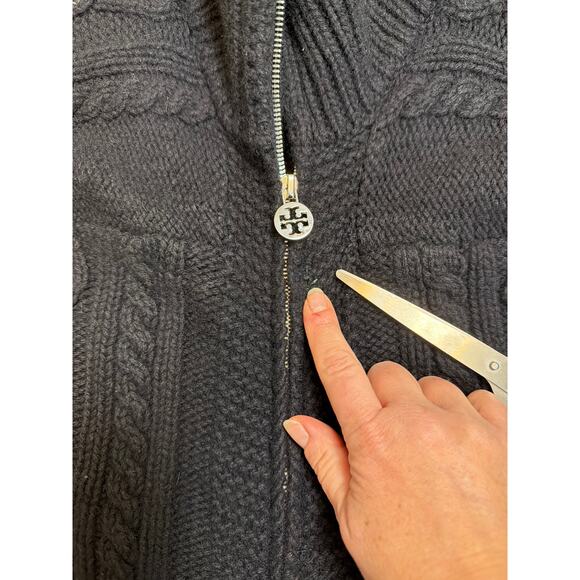 Tory Burch Dress Womens XS Black Pure Merino Wool Bell Cable Zip Cardigan Goth - Picture 9 of 16